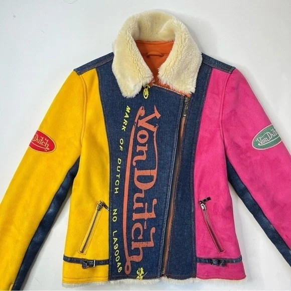 RARE Vintage Von Dutch Y2K Pink & Yellow Suede Blue Denim Faux Fur Bomber Jacket - Picture 3 of 16